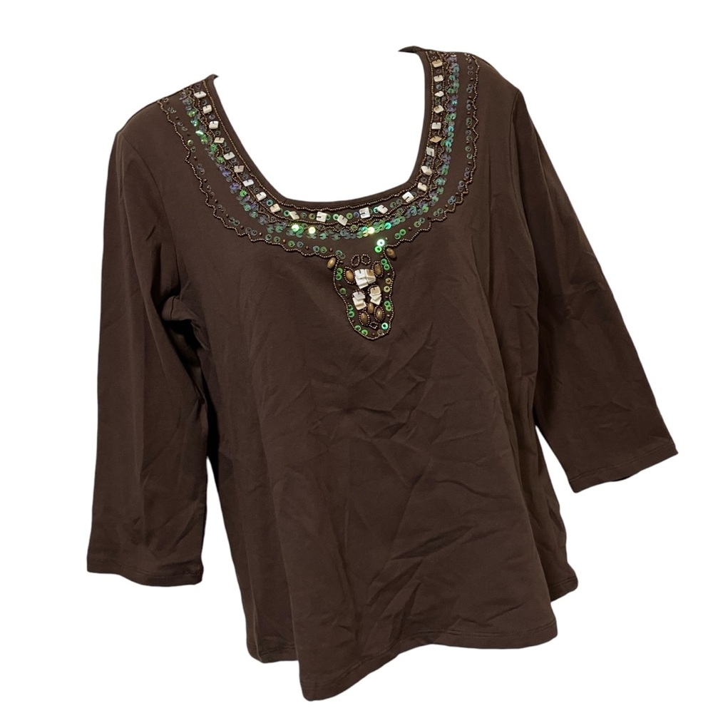 Y2K Requirements Brown Embellished Beaded 3/4 Sleeve Top